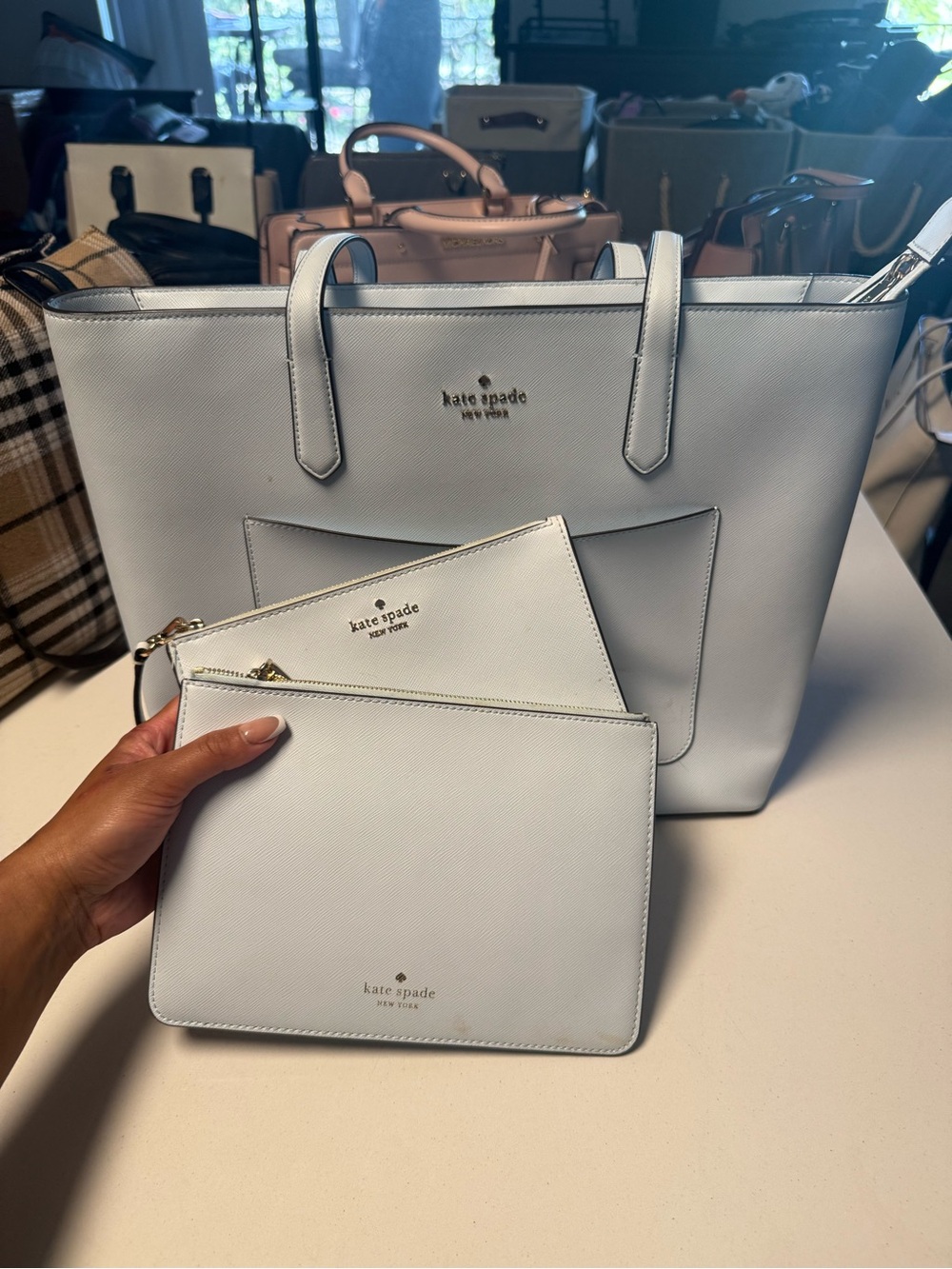 kate spade Light Blue Saffiano Leather Tote with Two Matching Pouches